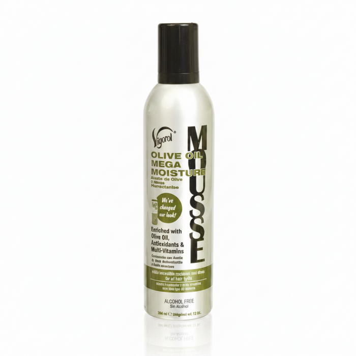 Vigorol Olive Oil Mega Moisture Mousse 12oz alcohol free styling foam for wraps curls moisture and shine