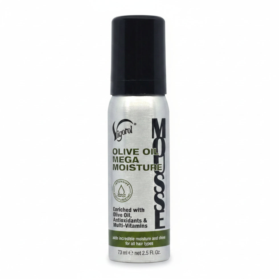 Vigorol Olive Oil Mega Moisture Mousse 12oz alcohol free styling foam for wraps curls moisture and shine
