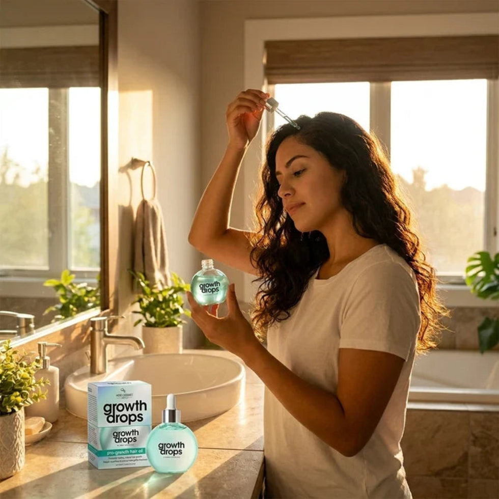 A woman holds the open bottle while positioning the dropper above her scalp in a sunlit bathroom. A matching bottle and carton sit beside the basin.