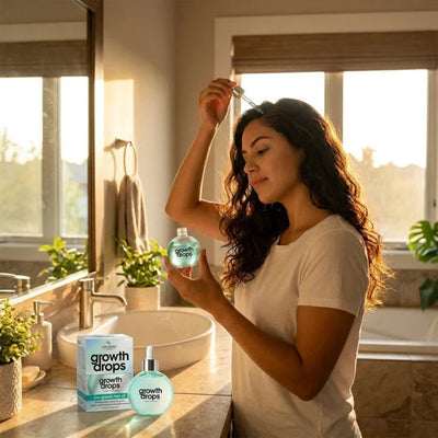 A woman holds the open bottle while positioning the dropper above her scalp in a sunlit bathroom. A matching bottle and carton sit beside the basin.