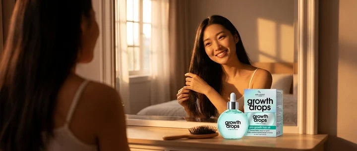 A woman looks into a mirror while running her hands through her long hair. The product bottle, carton and a hairbrush sit on the dressing table.