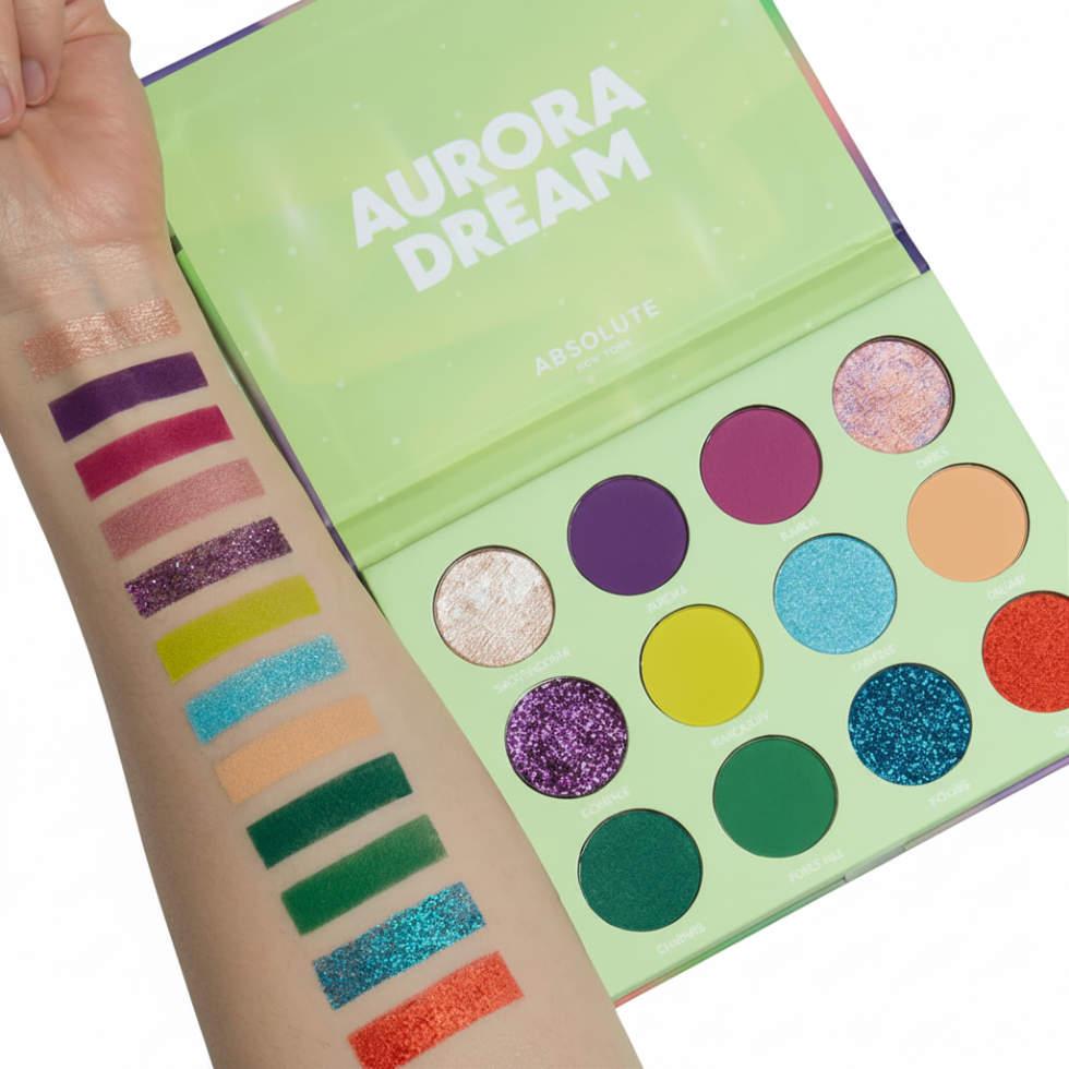 absolute new york aurora dream palette 12 colour eyeshadow multi formula highly pigmented blendable shimmer matte eye makeup palette