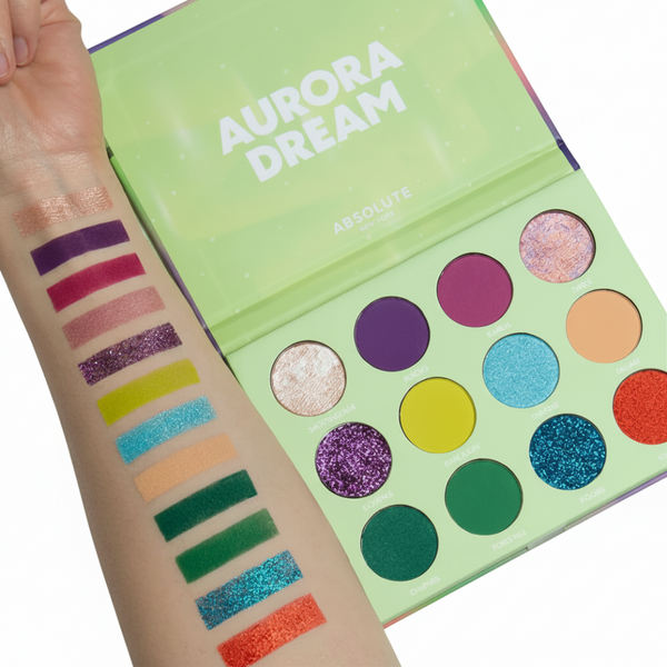 absolute new york aurora dream palette 12 colour eyeshadow multi formula highly pigmented blendable shimmer matte eye makeup palette
