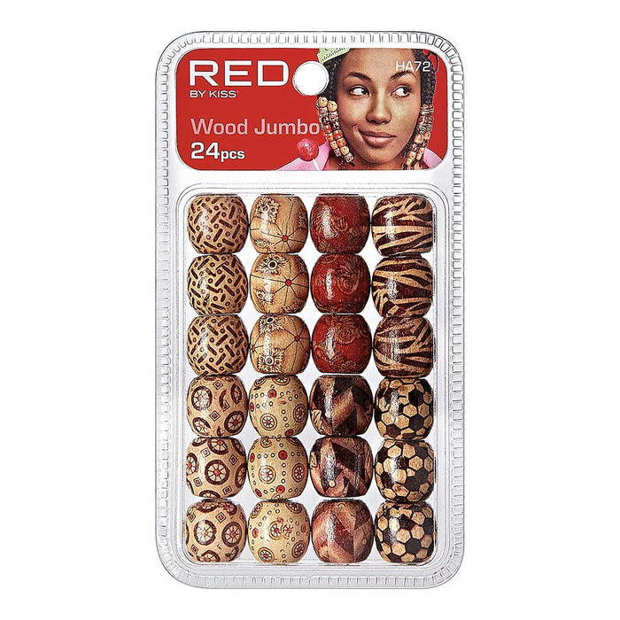 Red by Kiss Jumbo Wood Hair Beads (24pcs) | Colored Accessories for Braids & Jewelry Making