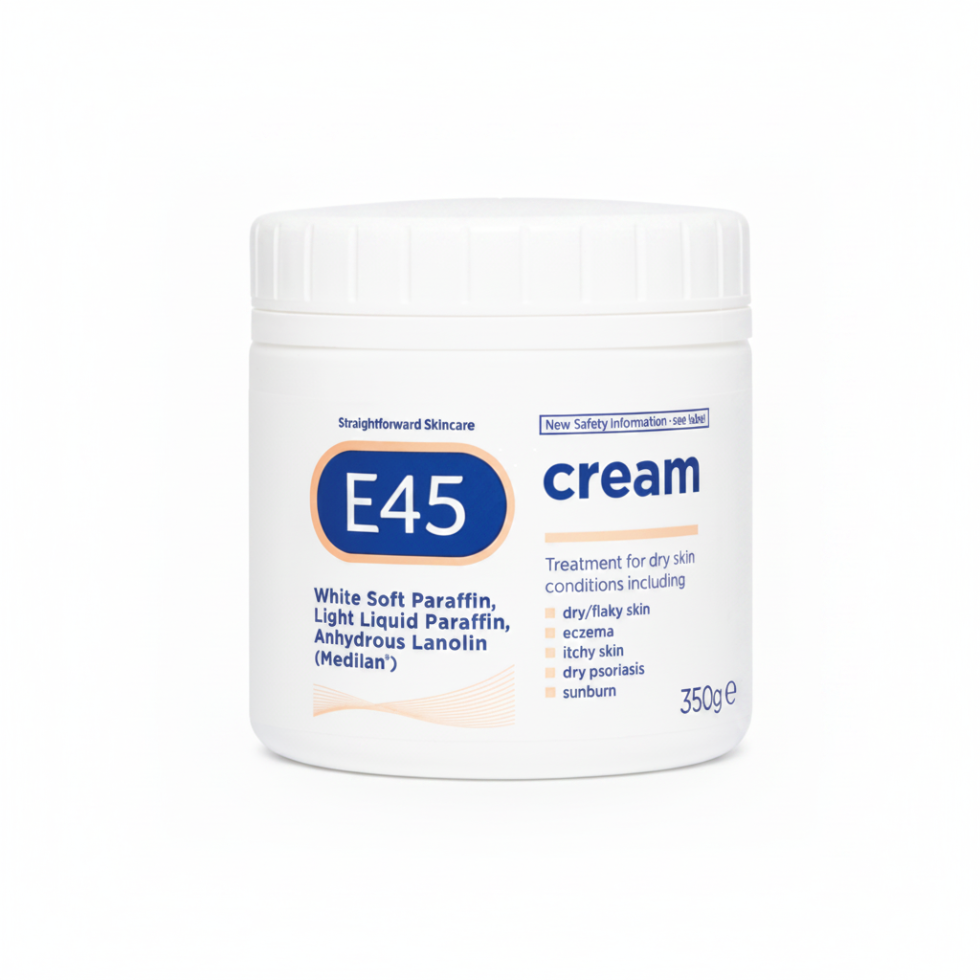 e45 cream 350gm white soft paraffin liquid paraffin lanolin dry itchy sunburn relief moisturising cream