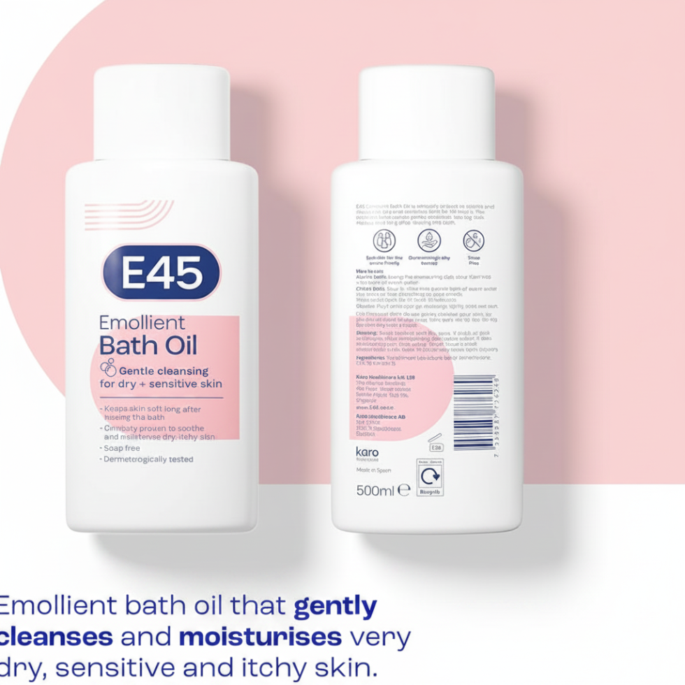 e45 emollient bath oil 500ml moisturising bath care dry sensitive skin gentle cleansing hydration