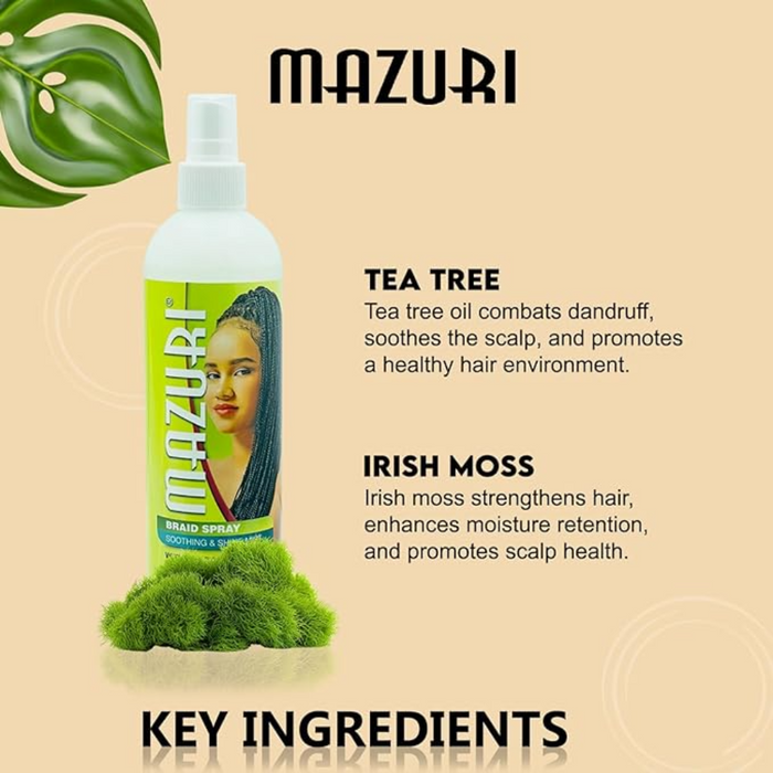 Mazuri Braid Spray 355ml | Tea Tree & Irish Moss Shine Mist for Braids