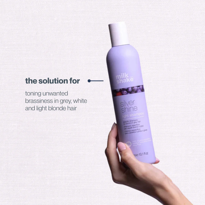 milk shake silver shine light shampoo 300ml purple toning shampoo for blonde grey and white hair neutralizing yellow tones with milk proteins and berry extracts for soft shiny vibrant hair
