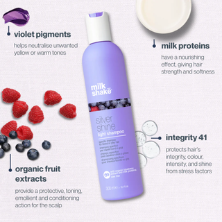 milk shake silver shine light shampoo 300ml purple toning shampoo for blonde grey and white hair neutralizing yellow tones with milk proteins and berry extracts for soft shiny vibrant hair