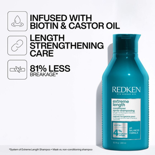 redken extreme length conditioner 300ml strengthening conditioner with biotin and castor oil helps reduce breakage support longer healthier looking hair and improve shine softness and manageability for damaged hair