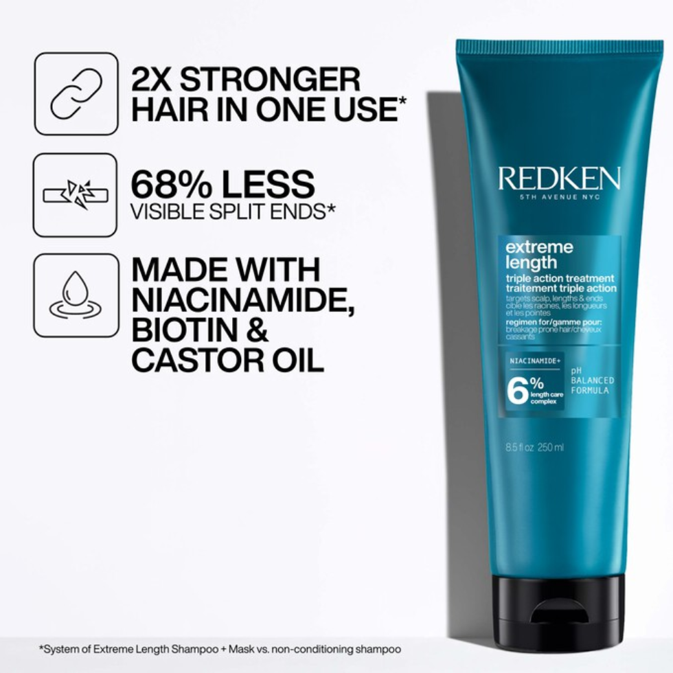 redken extreme length triple action treatment 250ml strengthening hair mask with biotin niacinamide and castor oil helps reduce split ends nourish scalp strengthen hair and support longer healthier looking hair in 5 minutes