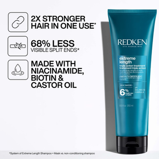 redken extreme length triple action treatment 250ml strengthening hair mask with biotin niacinamide and castor oil helps reduce split ends nourish scalp strengthen hair and support longer healthier looking hair in 5 minutes